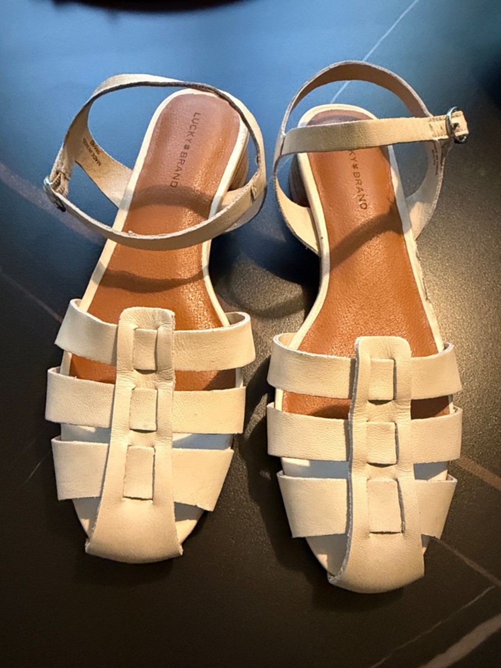Lucky Brand Women's Cream Strappy Ankle-Buckle Flat Sandals